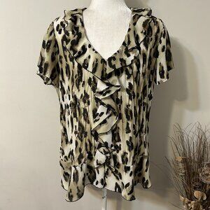 East 5th Women Button Up Top Brown Animal Pleated Ruffle Front Short Sleeve 1X